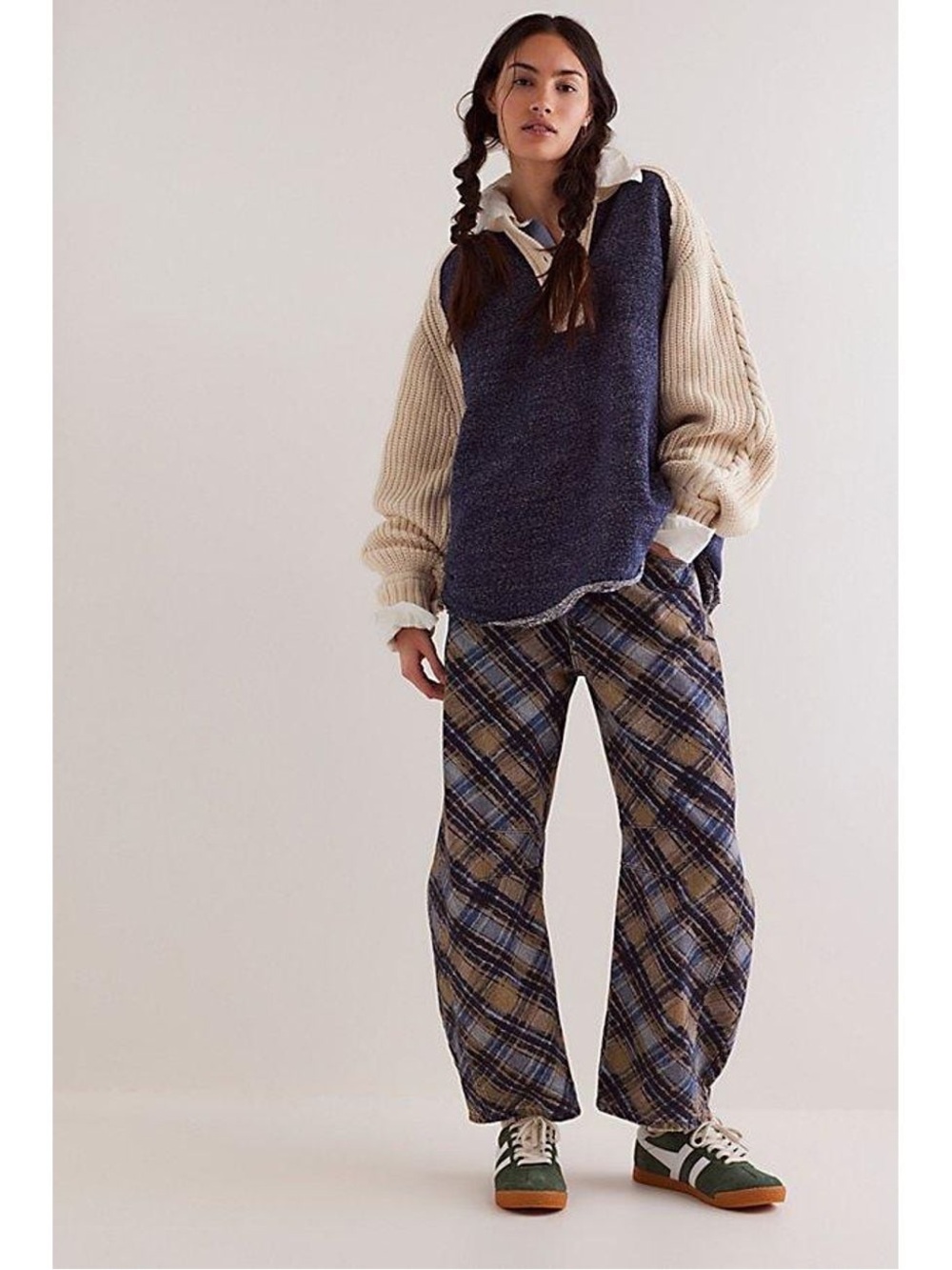 Free People Good Luck Barrel leg Jeans in rare plaid print
